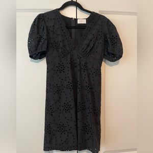 Hallelu Boutique Puff Sleeve V Neck Eyelet A Line Mini Dress Sz Small in Black